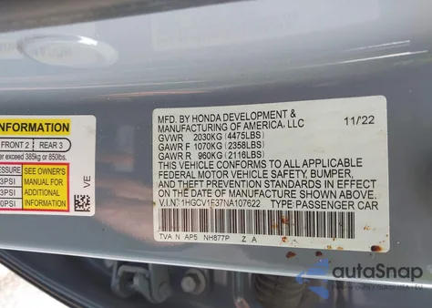 2022 Honda Accord Sport из США, поврежденный, VIN 1HGCV1F37NA107622